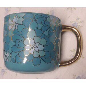 Thyme & Table Stoneware Mug Coffee Cup Drinkware Teal Gold Succulent/floral EUC
